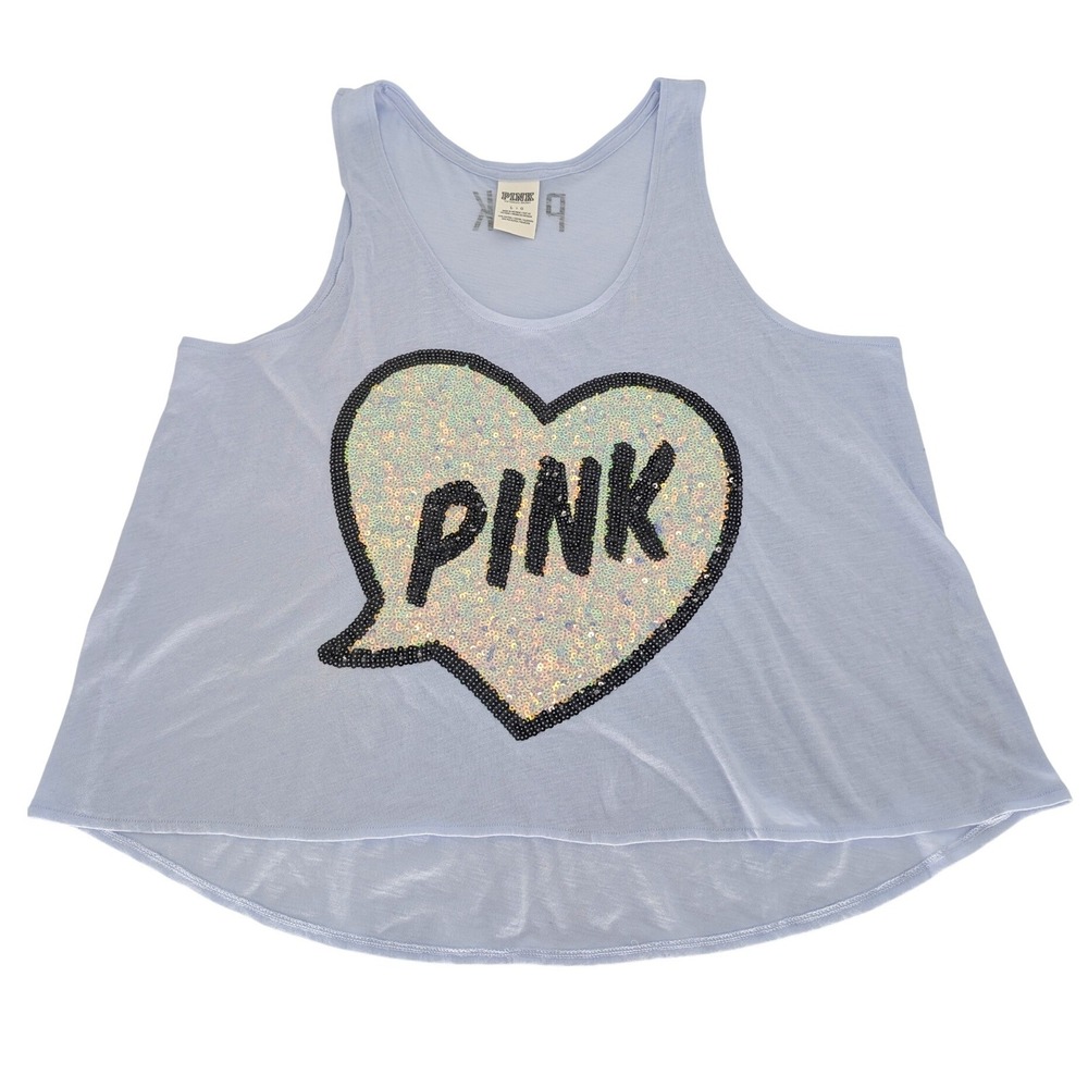 PINK Victorias Secret Tank Top L Blue Sequin Heart High Low Y2K Indie Glam 2010s